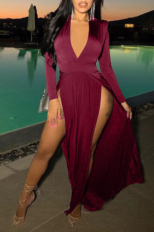 Sexy Slim Fit Solid Color Long Sleeve V-neck High Slit Maxi Dress