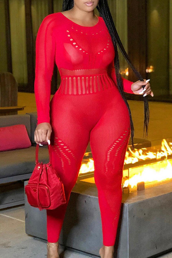 Sexy Cutout Solid Color Slim Fit Stretch Backless Long Sleeve Jumpsuit