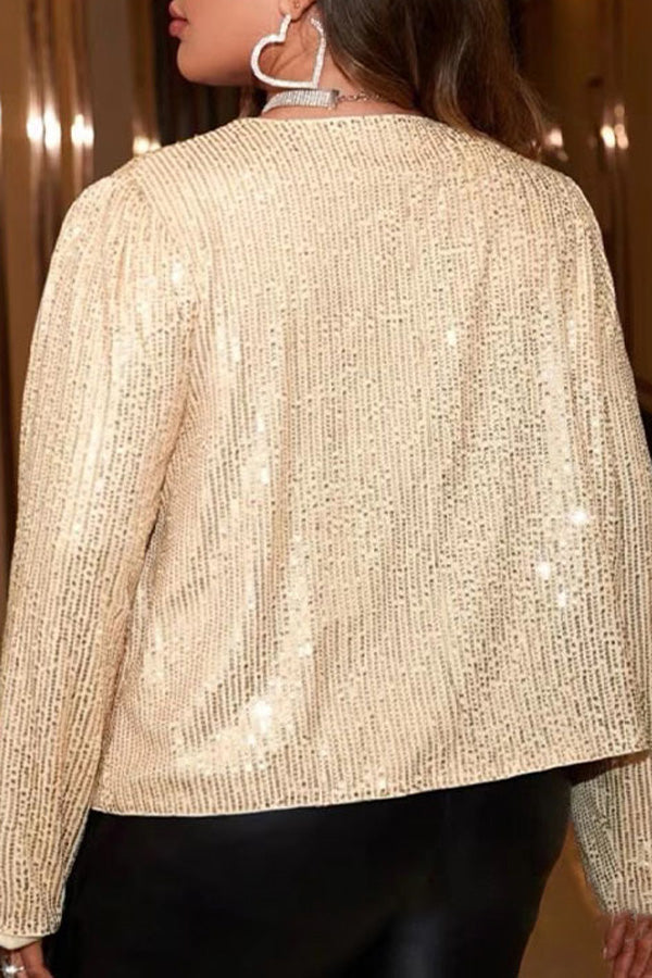 Shiny Plus Size Round Neck Solid Color Long Sleeve Sequins Jacket