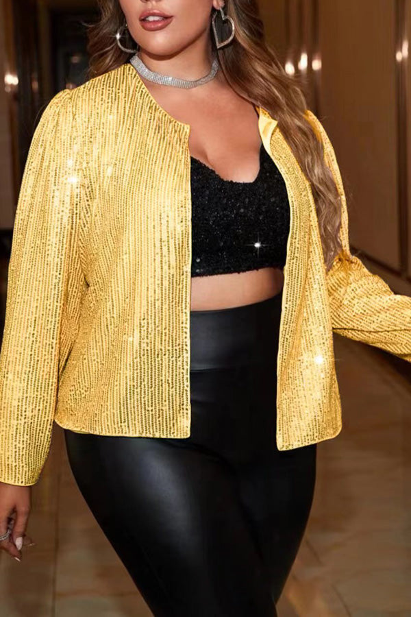Shiny Plus Size Round Neck Solid Color Long Sleeve Sequins Jacket