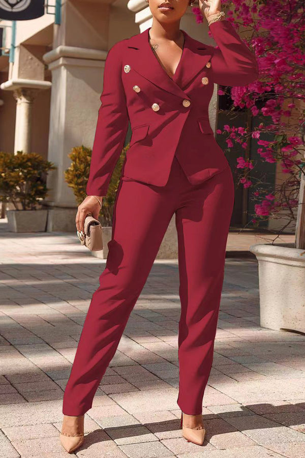 Commuter Double Breasted Lapel Slim Fit Blazer Solid Color Pant Suits