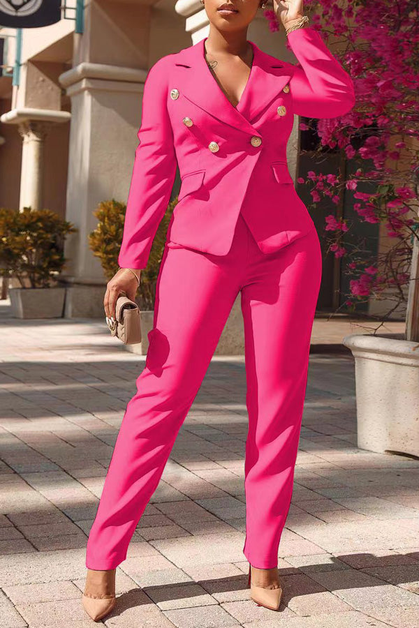 Commuter Double Breasted Lapel Slim Fit Blazer Solid Color Pant Suits
