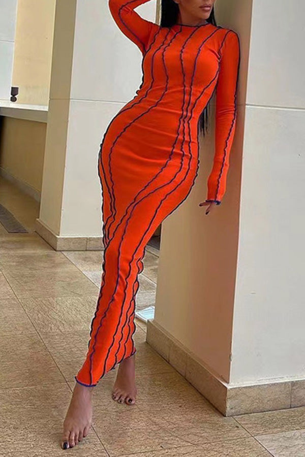 Sexy Color Contrast Edge Slim Elastic Long Sleeve Maxi Dress