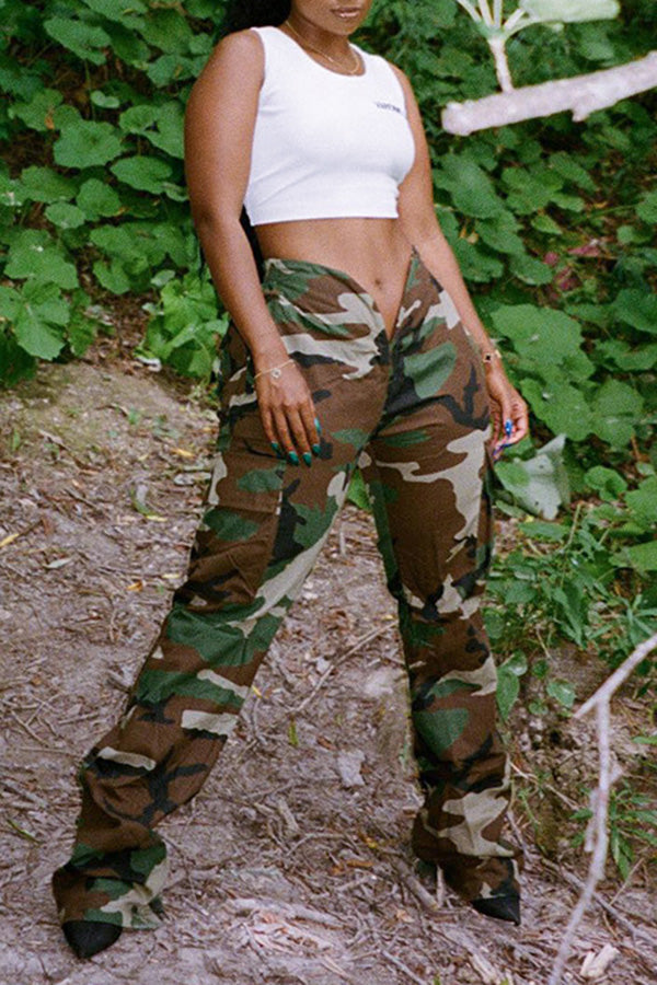 Personalized Camouflage High Waist Pocket Straight Leg Pants