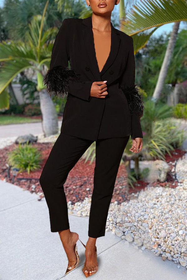 Fashion Solid Color Feather Long Sleeve Lapel Blazer High Waist Pant Suits