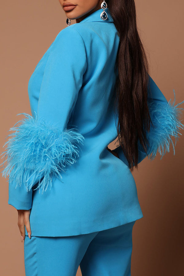 Fashion Solid Color Feather Long Sleeve Lapel Blazer High Waist Pant Suits