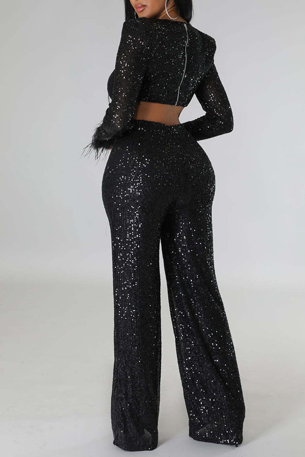 Sexy Solid Color Sequins Cross Over Long Sleeve Square Collar Zip Jumpsuits