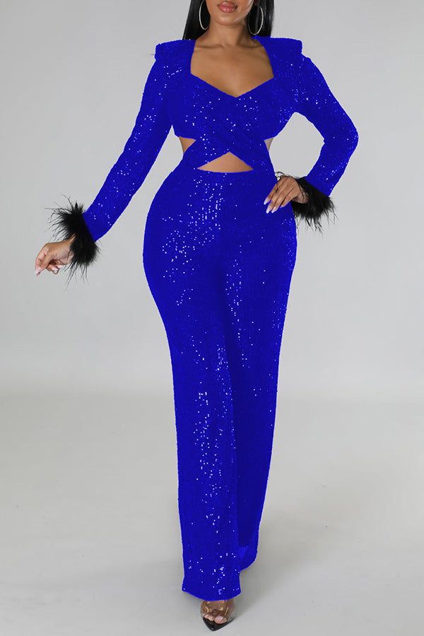 Sexy Solid Color Sequins Cross Over Long Sleeve Square Collar Zip Jumpsuits