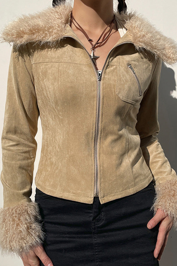 Trendy Faux Fur Lapel Paneled Suede Zip Solid Color Slim Jacket