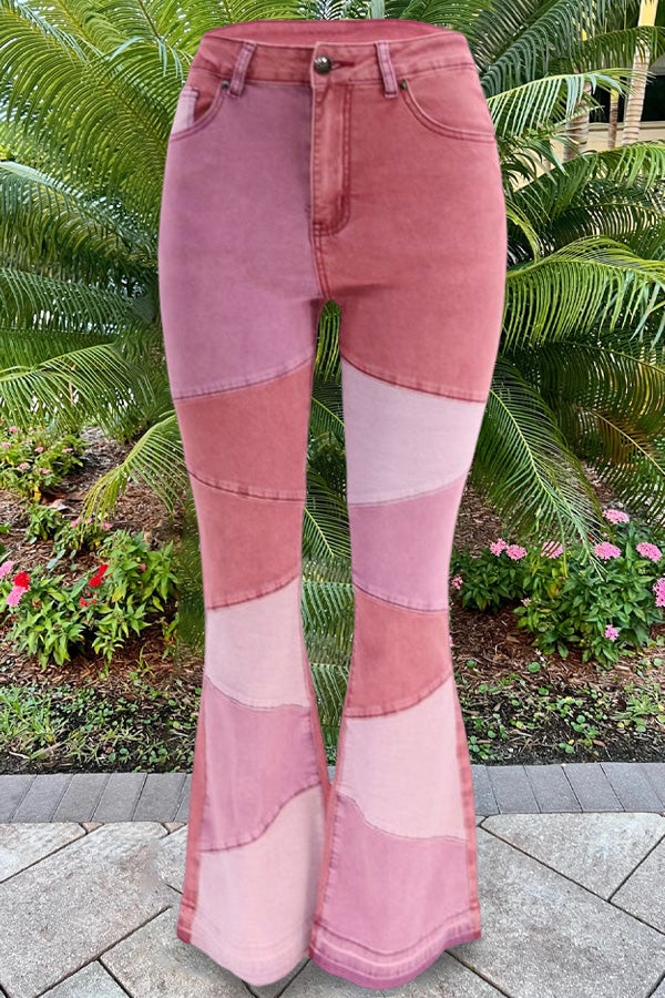 Fashion Asymmetric Color Block Stitching Slim Flare Jeans