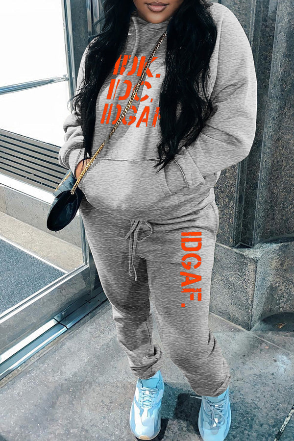 Casual Plus Size Contrasting Letter Print Hoodie Slim Pant Two Piece Suits