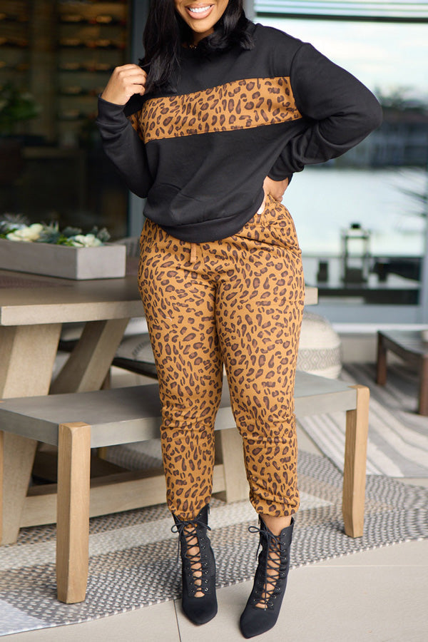 Casual Leopard Print Stitching Sweatshirt Leopard Slim Pant Suits