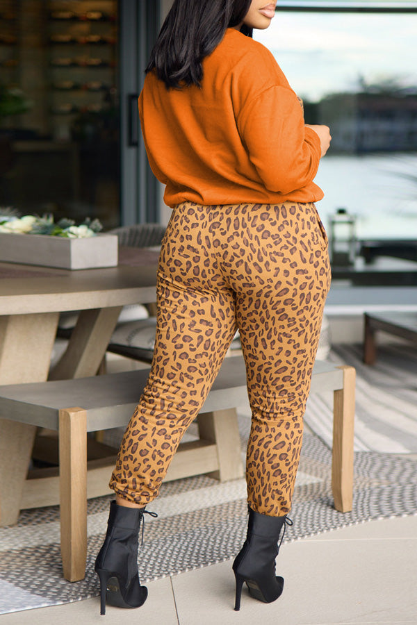 Casual Leopard Print Stitching Sweatshirt Leopard Slim Pant Suits