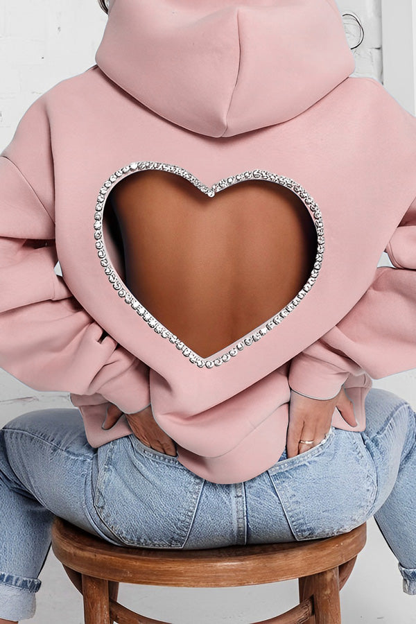 Sweet Heart Hot Diamond Solid Color Backless Loose Hoodie