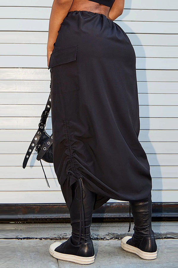 Trendy Drawstring Solid Color Straight Elastic Waist Long Skirt