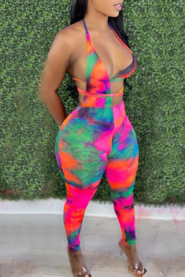 Fashion Sexy Cutout Tie-Dye Print Jumpsuit
