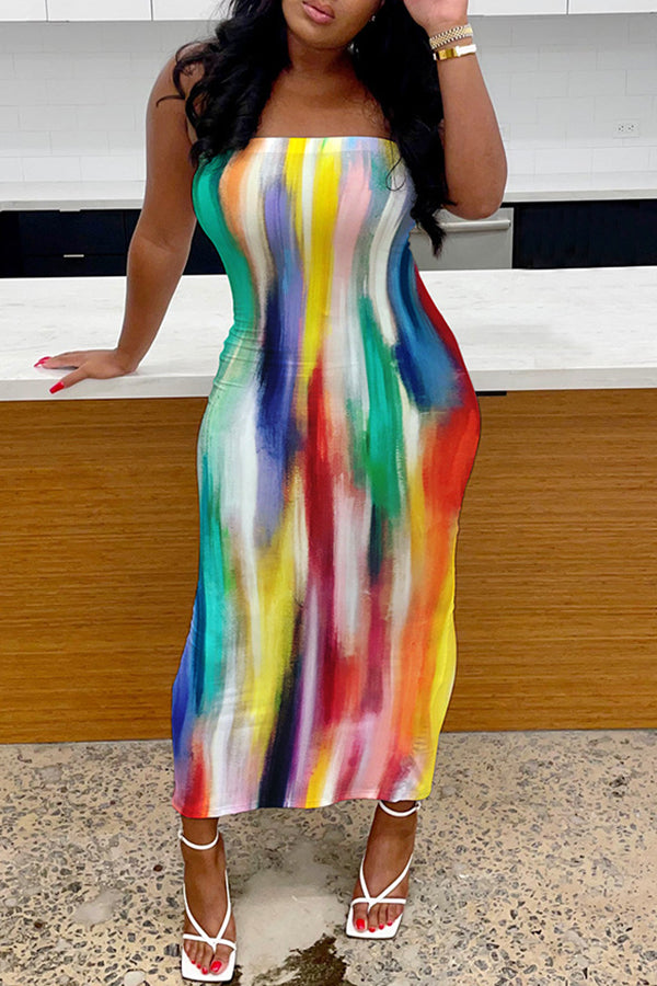 Fashion Print Long Wrap Bust Body Slit Sexy Dress