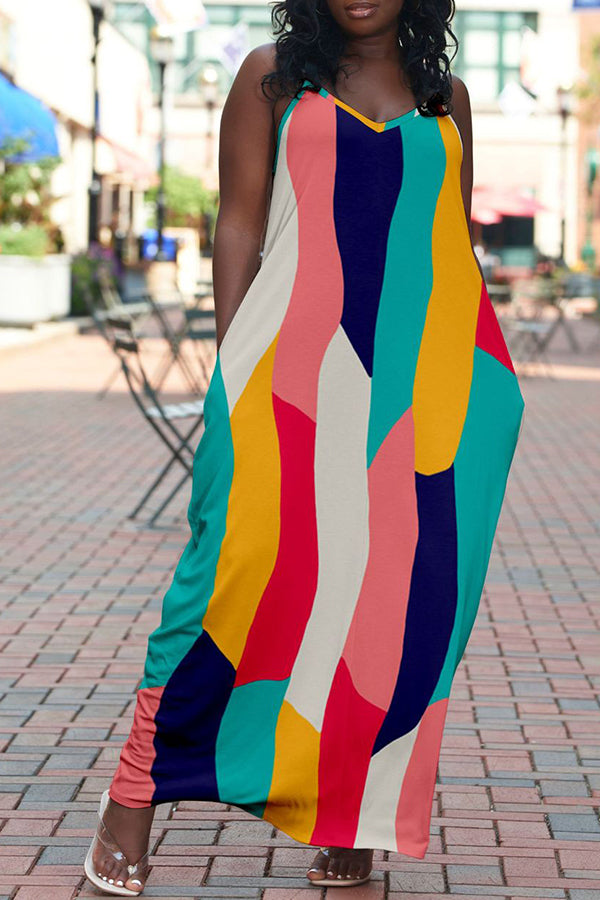 Stylish Backless Sling Contrast Print Maxi Dress