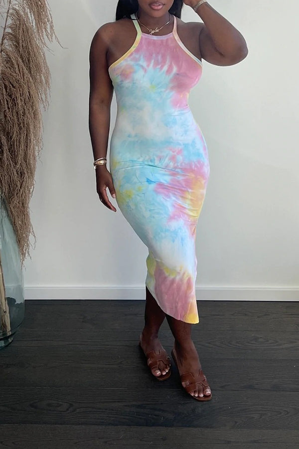 Printed Tie-Dye Sleeveless Split Fashion Dress