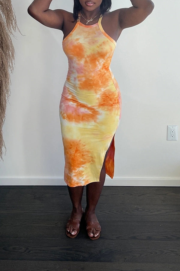 Printed Tie-Dye Sleeveless Split Fashion Dress