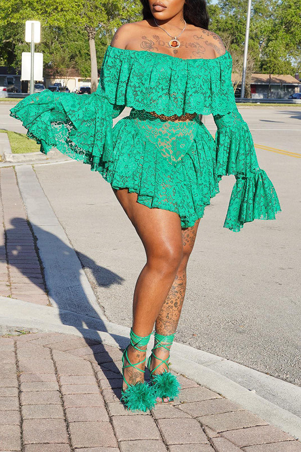 Sexy Ruffled One Shoulder Fashion Lace Suit