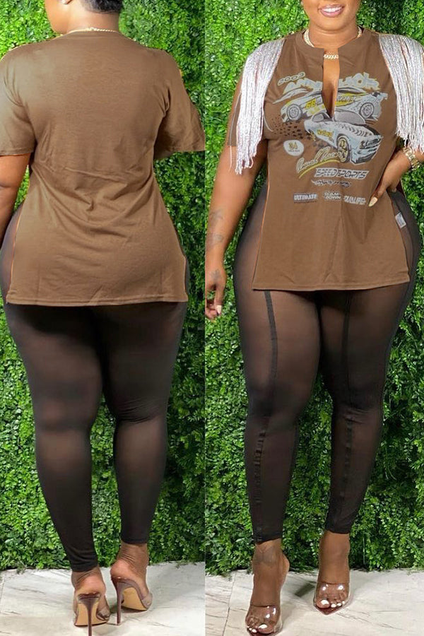 Fashion Hip Hop Printed Tassel Split Top Mesh Leggings Two Piece Set