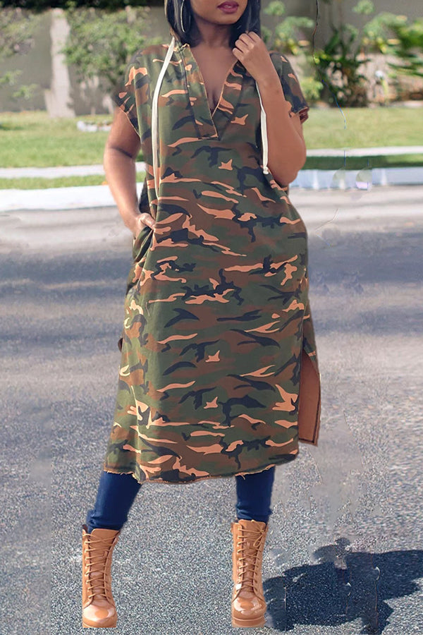 Camouflage Flower Hooded Loose Dress