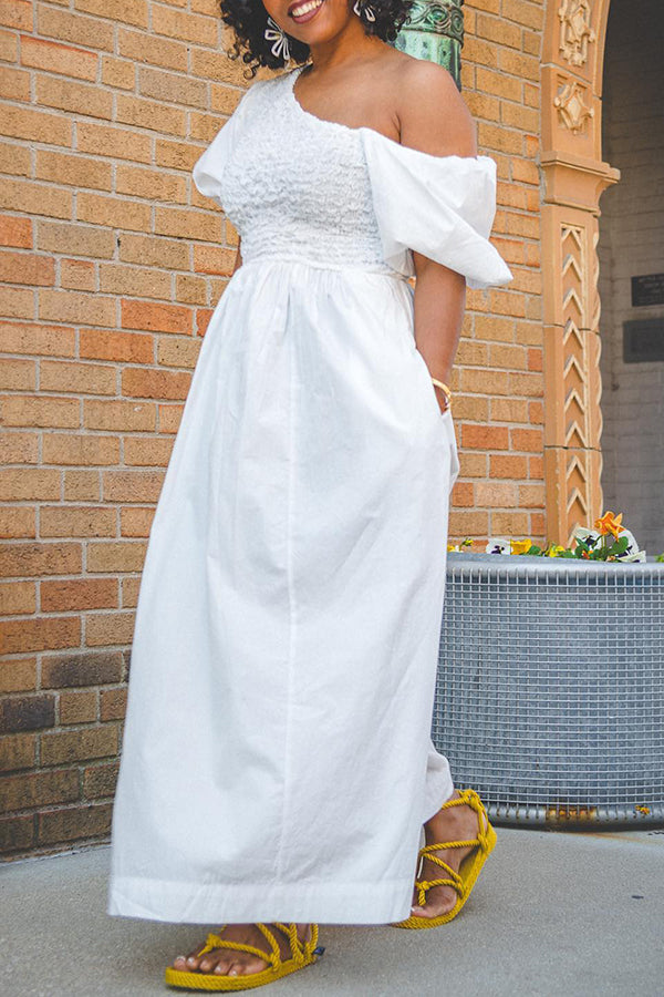 Fashion One Shoulder Puff Sleeve Hollow A Swing Dress