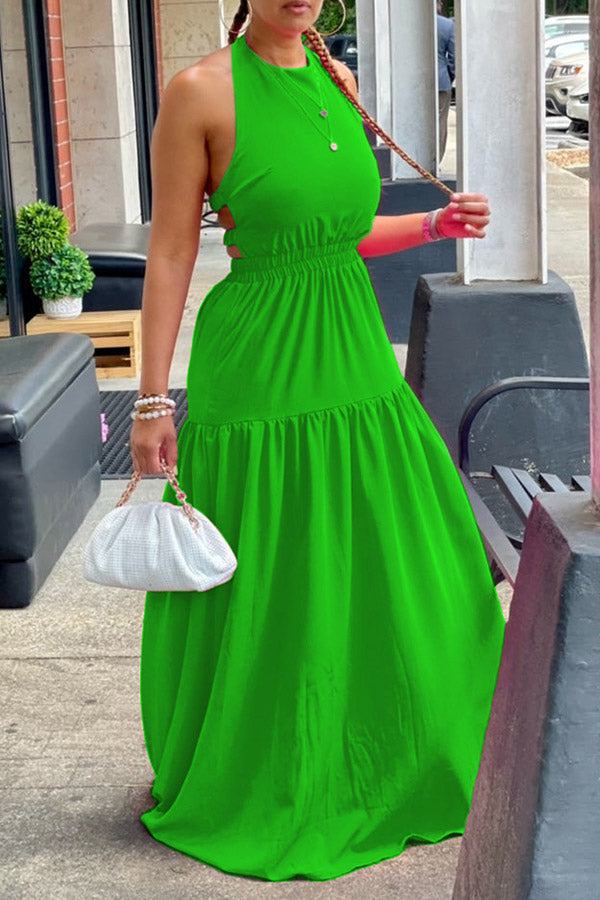 Fashionable Sling Solid Color Sleeveless Sexy Leaky Back Long Dress
