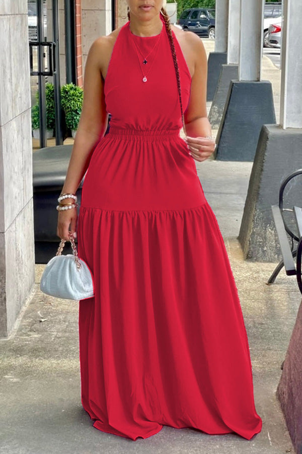 Fashionable Sling Solid Color Sleeveless Sexy Leaky Back Long Dress
