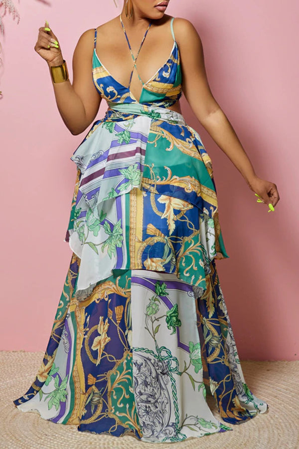 Sleek Casual Strap Wrap Bust Open Back Ethnic Color Print Dress