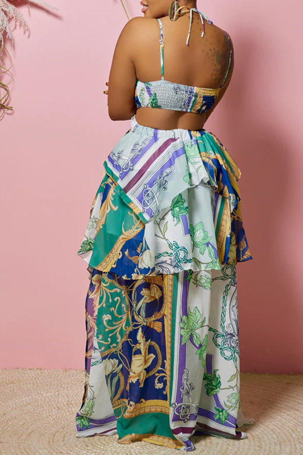 Sleek Casual Strap Wrap Bust Open Back Ethnic Color Print Dress