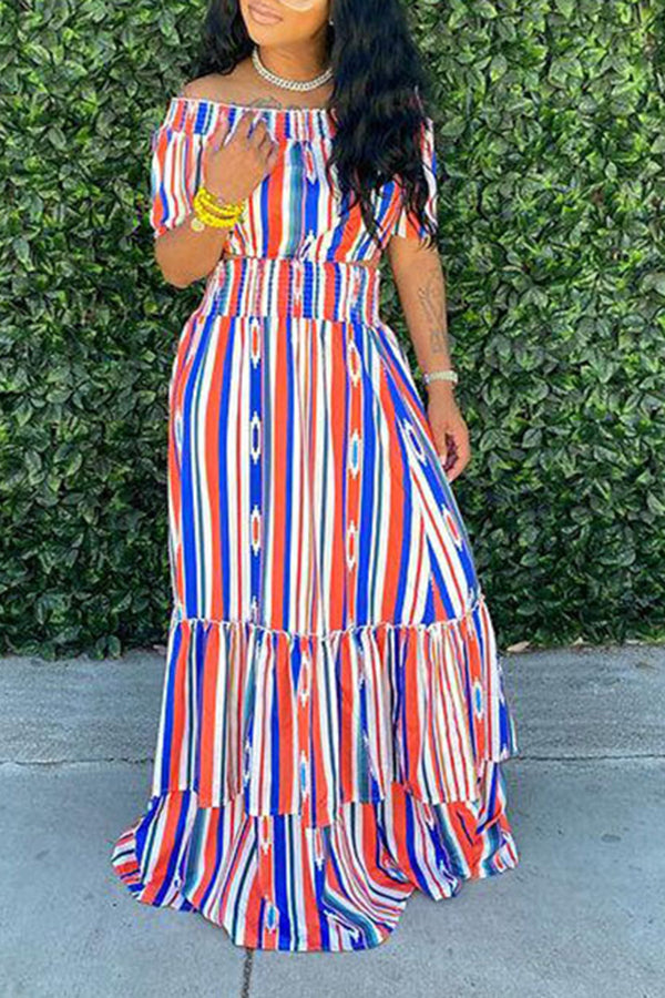 Fashionable One-Line Neck Short Sleeve Striped Sectional Long Dress