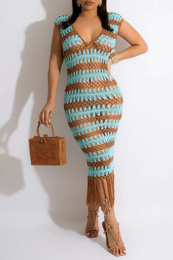 Fashion Sexy Fringed Wavy Hand Crochet Dress