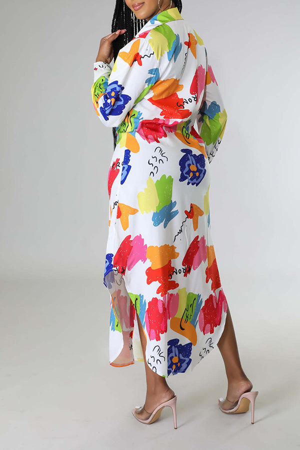 Fashion Painted Print Long Sleeve Lapel Blouse Dress