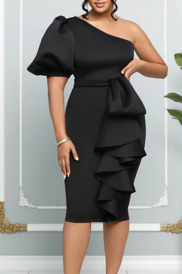 New Sloping Shoulders Puff Sleeves Hips Sexy Plus Size Midi Dress