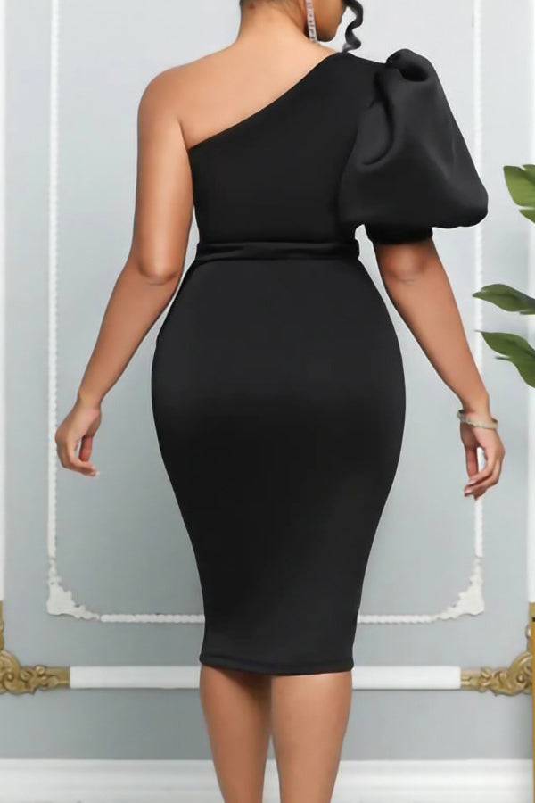 New Sloping Shoulders Puff Sleeves Hips Sexy Plus Size Midi Dress