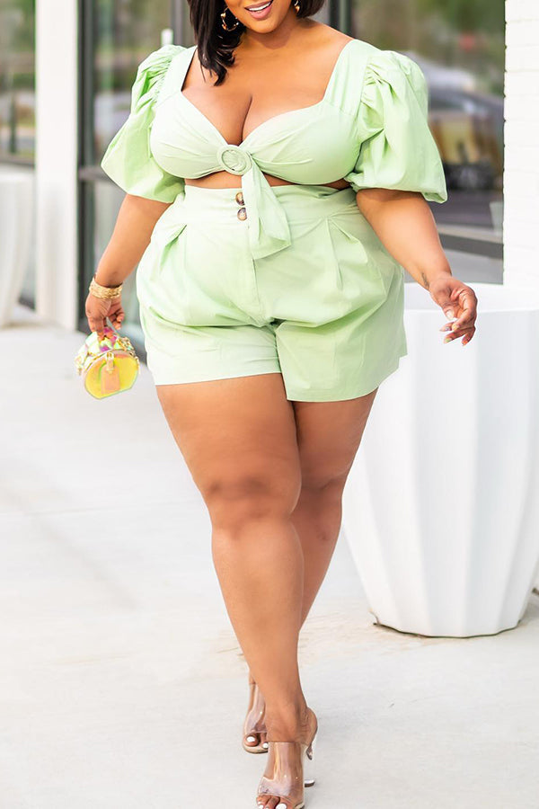 Fashion Puff Sleeve Tank Top Shorts Plus Size Suit
