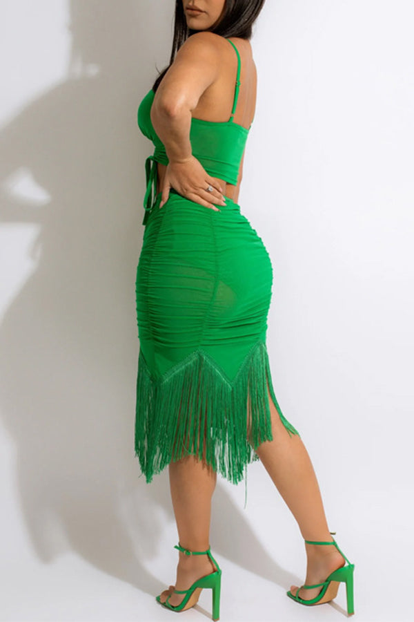 Fashion Sexy Sling Pleated Fringe Skirt Set