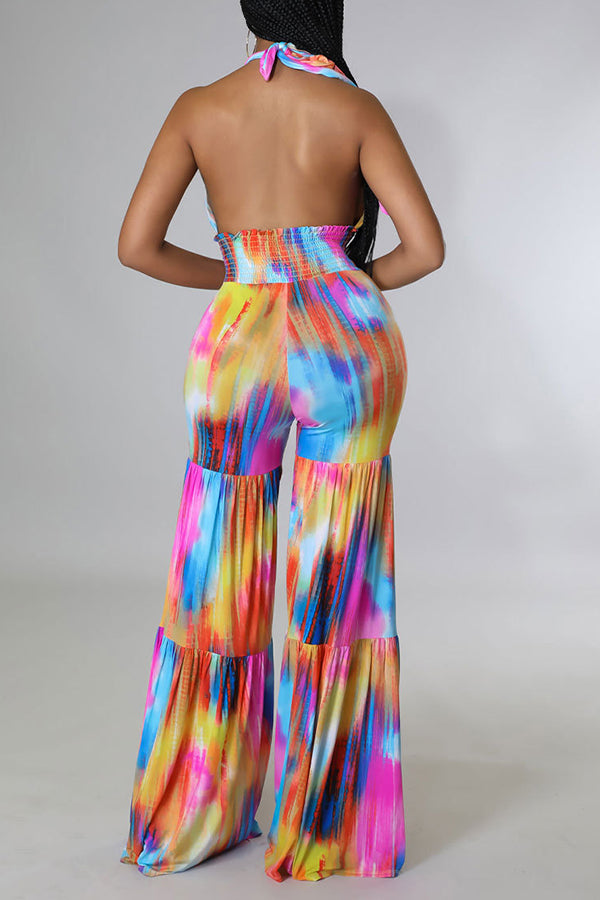 Fashion Show Girl Back Spicy Wide Leg Print Jumpsuit