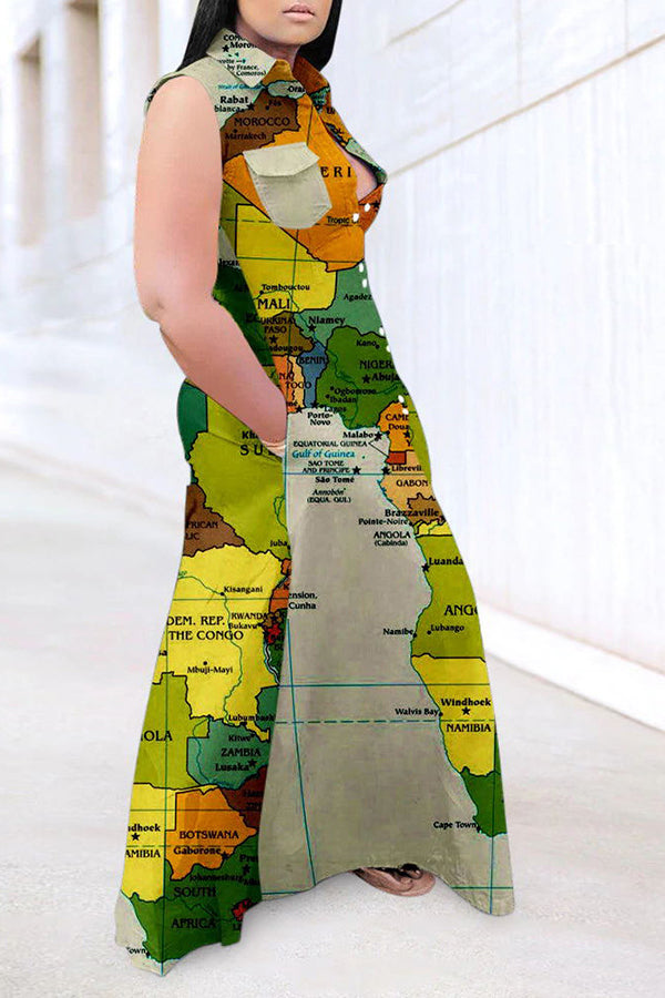 Casual Map Print Sleeveless Lapel Shirt Dress