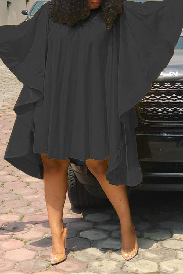 Fashion Pleated Butterfly Sleeve Loose Fashion Cape Dress