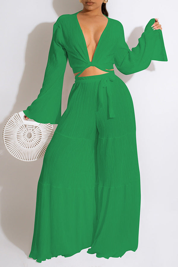 Best Selling Pleated Flared Sleeve Lace-Up Wide Leg Pants Set