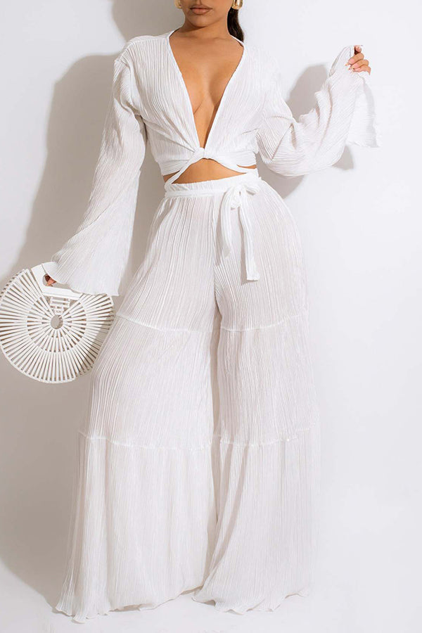 Best Selling Pleated Flared Sleeve Lace-Up Wide Leg Pants Set