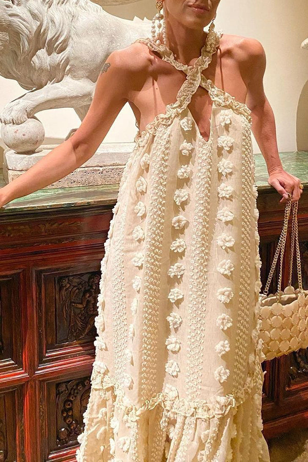 Fashion Halter Three-Dimensional Flower Mopping Cake Dress
