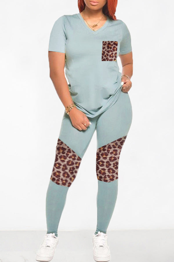 Fashion V Neck Stitching Leopard Print Short Sleeves Two Piece Set