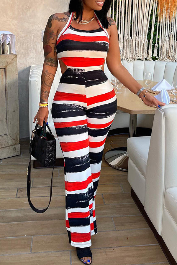 Sexy Fashion Stripe Print Backless Jumpsuit
