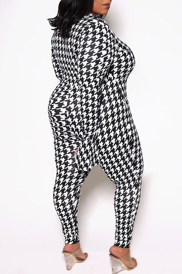 Sexy V-Neck Houndstooth Print Plus Size Zip Jumpsuit