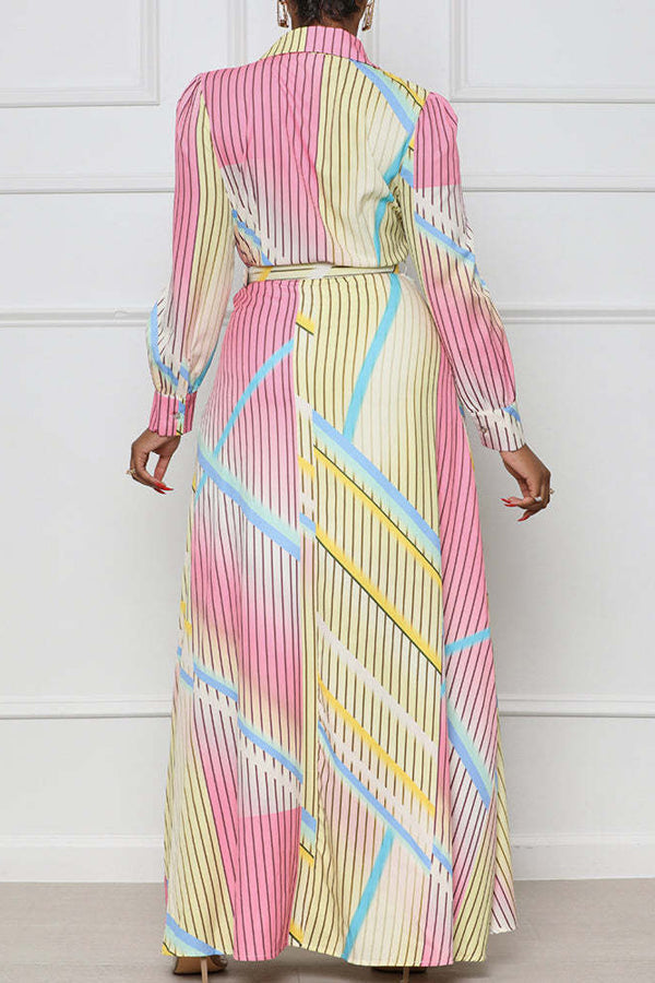 Fashion Casual Striped Contrast Lapel Button Long Sleeve Dress
