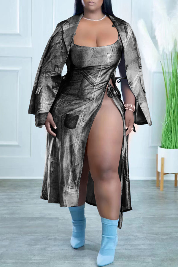 Sexy Loose Slit Sling Faux Denim Print Suit Skirt